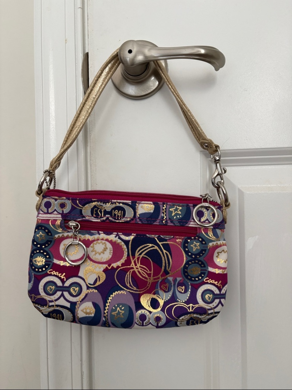 Gold-Strap Multicolor Patterned Wristlet Bag